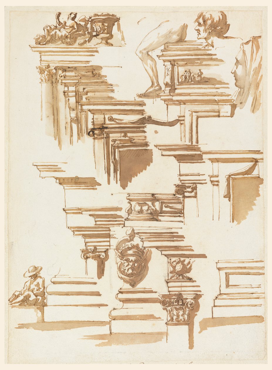 Architectonische details; menselijke figuren door Filippo Marchionni