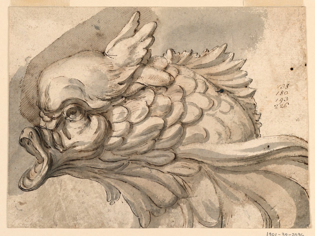 Tekening, Kop van een dolfijn, ca. 1775 door Filippo Marchionni