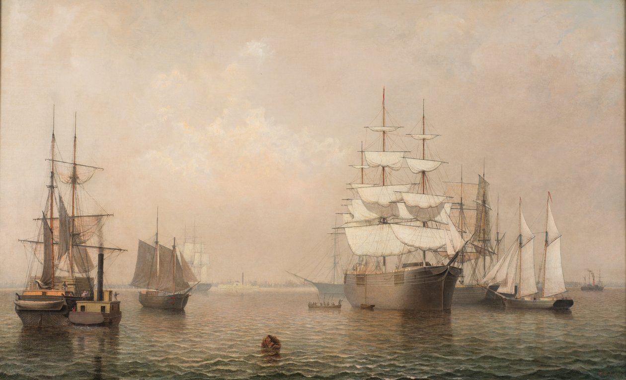 Koopvaardijschepen voor de haven van Boston, 1863 door Fitz Henry Lane