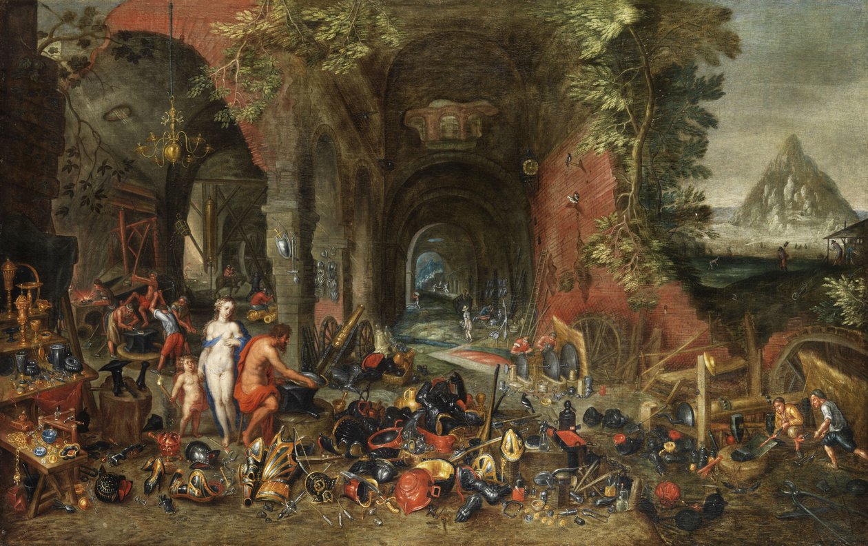 Venus en Amor in de smidse van Vulcanus door Flemish painter in the circle of Jan Brueghel