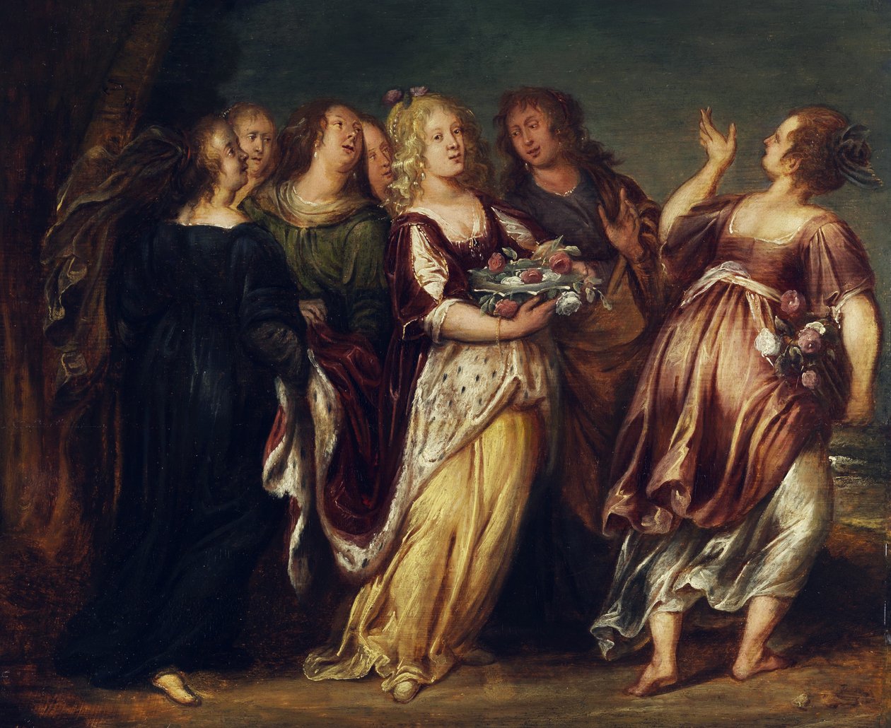 Jonge heerseres in het gezelschap van zes meisjes, een schaal met bloemen dragend door Follower of Abraham Janssens