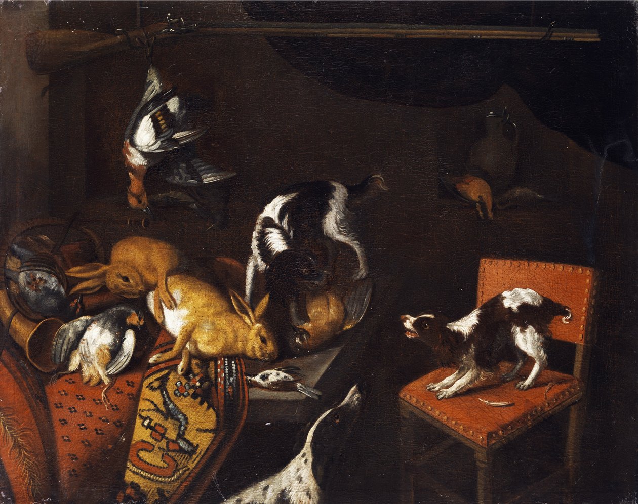 Stilleven met dode hazen en vogels, fauteuil, honden, jachtgeweer door Follower of Frans Snyders