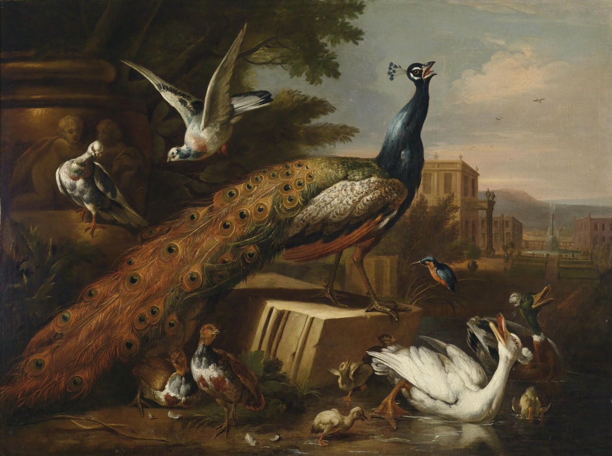 Een Pauw omringd door Duiven, Kippen en Watervogels in een Kasteelpark door Follower of Pieter Casteels III