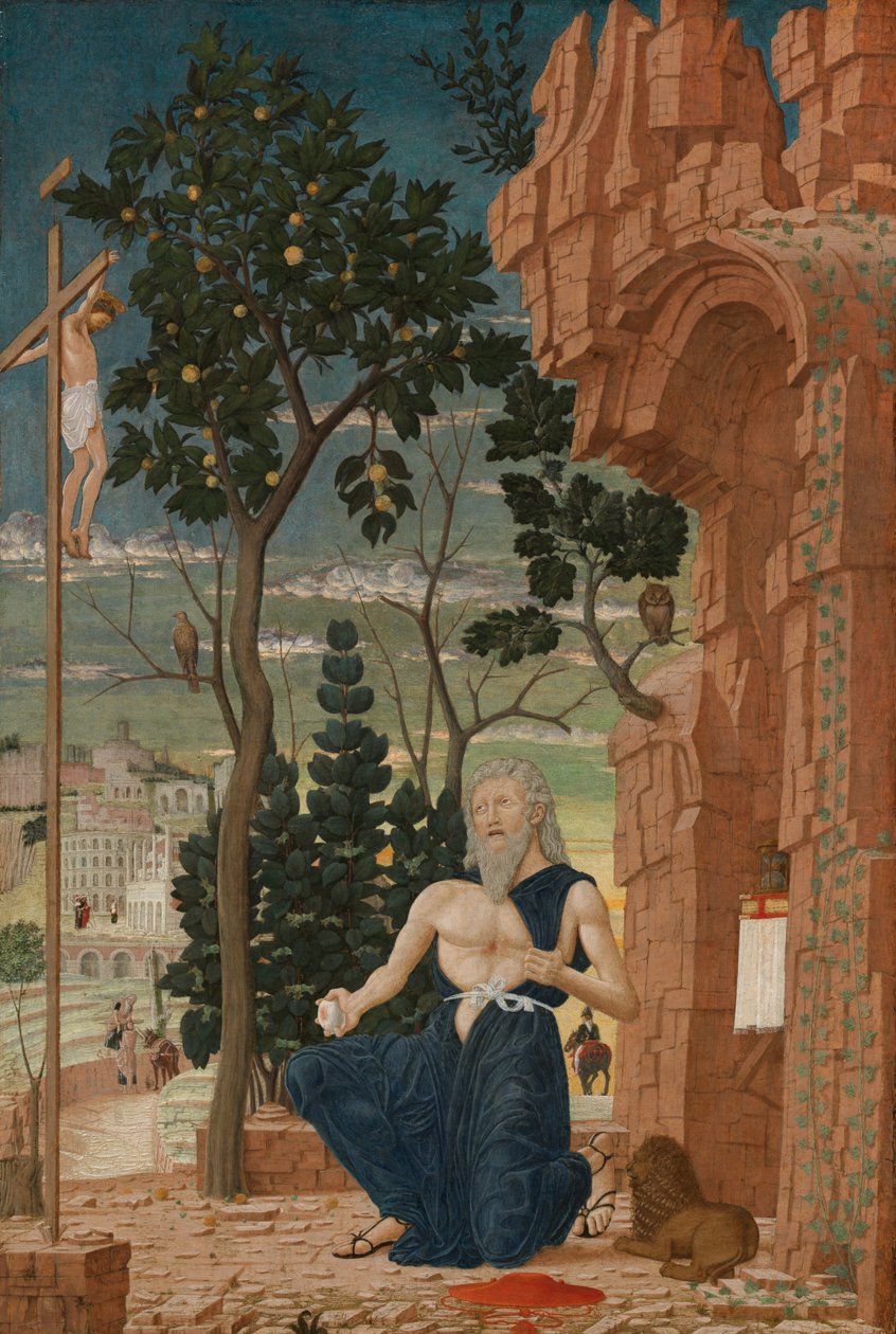 Sint Hiëronymus in de wildernis door Follower of Andrea Mantegna
