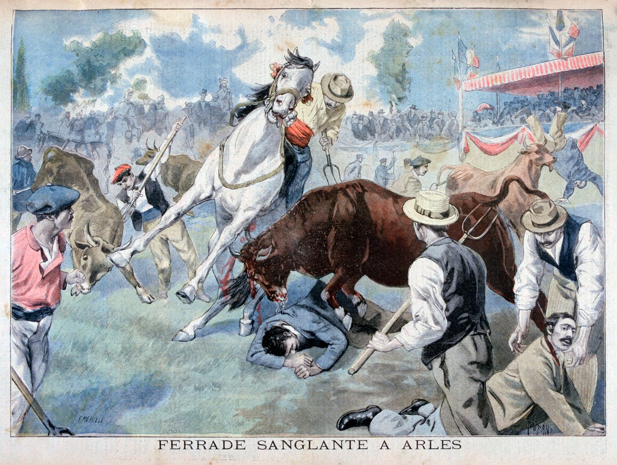 Stierengevecht incident, Arles, Frankrijk, 1898 door Fortuné Méaulle