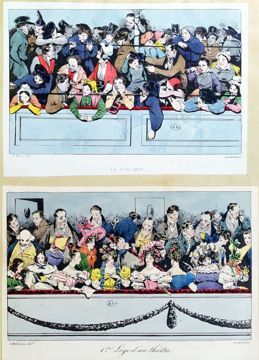 In het theater, de goden en de loges in de grote cirkel, ca. 1830 door Fortune Delarue