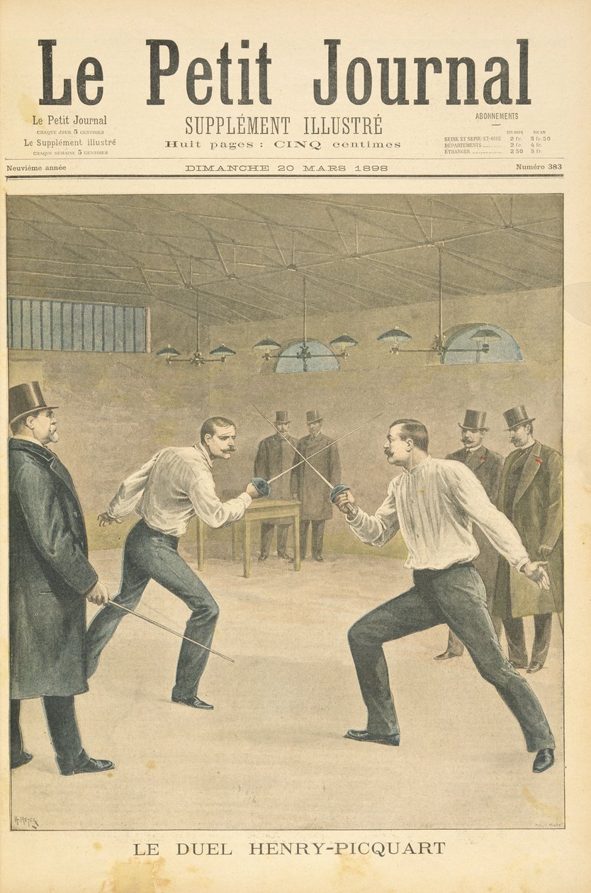 Titelpagina die het duel tussen Henry-Picquart afbeeldt, tegenovergestelde officieren tijdens de Dreyfus-affaire, illustratie uit de geïllustreerde bijlage van Le Petit Journal, 20 maart 1898 door Fortune Louis Meaulle and Henri Meyer