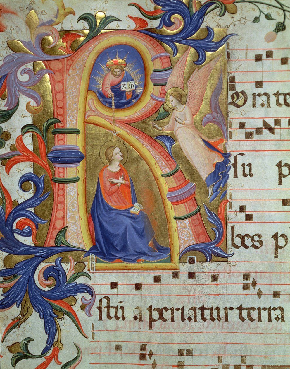 Ms 558 f.33v De aankondiging afgebeeld in een gehistorieerde initiaal 