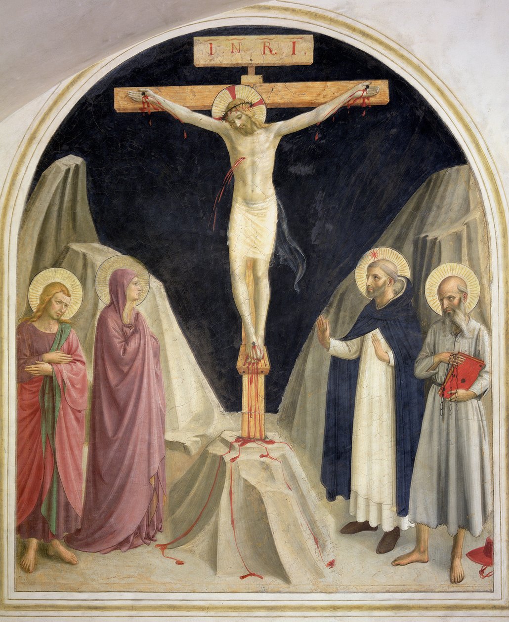 De Kruisiging, met SS. Dominicus en Hiëronymus, 1442 door Fra Angelico