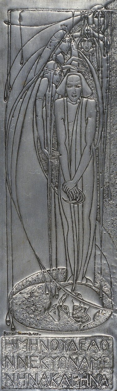 Repousse witte metalen plaquette, 1893 door Frances Macdonald