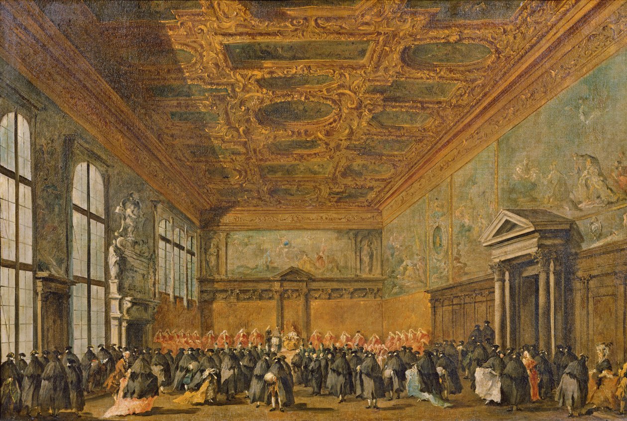 Audiëntie verleend door de Doge van Venetië in de Collegezaal van het Dogepaleis, c.1766-70 door Francesco Guardi