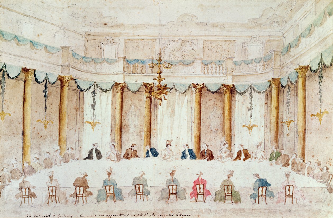 Feestelijk Diner ter Viering van het Huwelijk van Armand (1771-1847) Hertog van Polignac met de Barones Idalia van Neukirchen in Villa Gradenigo, Carpenedo, 1790 door Francesco Guardi