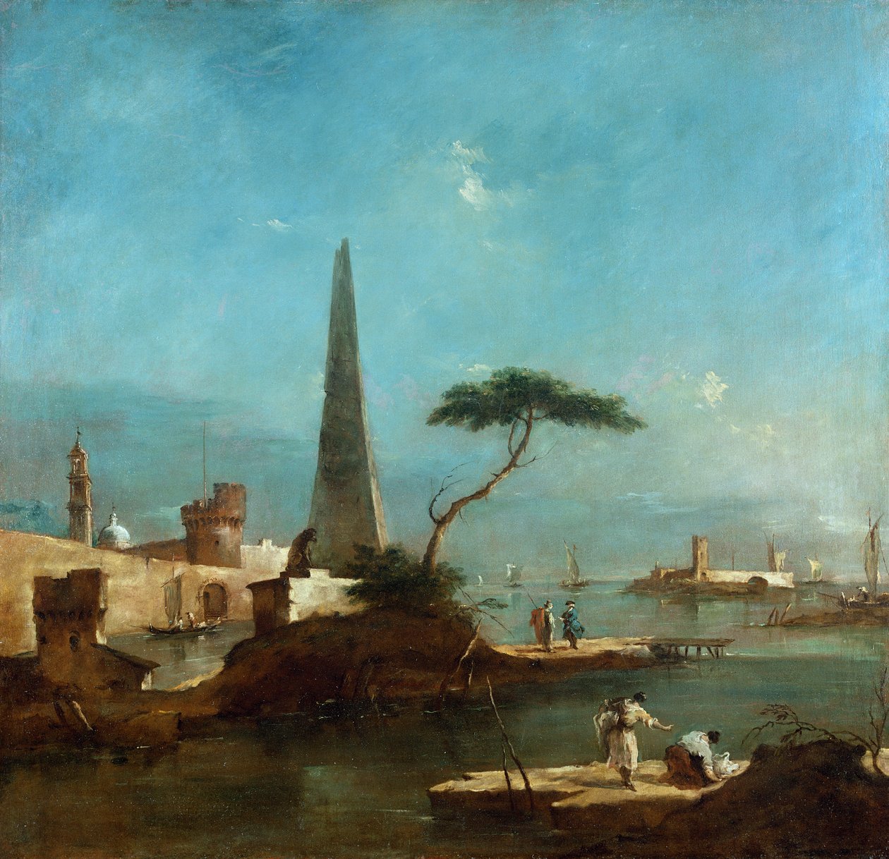 Obelisk naast de ingang van een ommuurde haven door Francesco Guardi