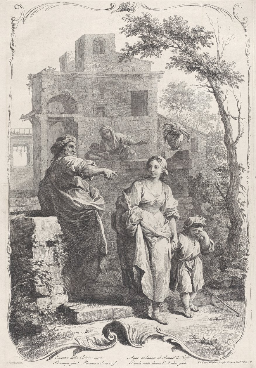 Hagar de wildernis ingestuurd, 1758 door Francesco Bartolozzi