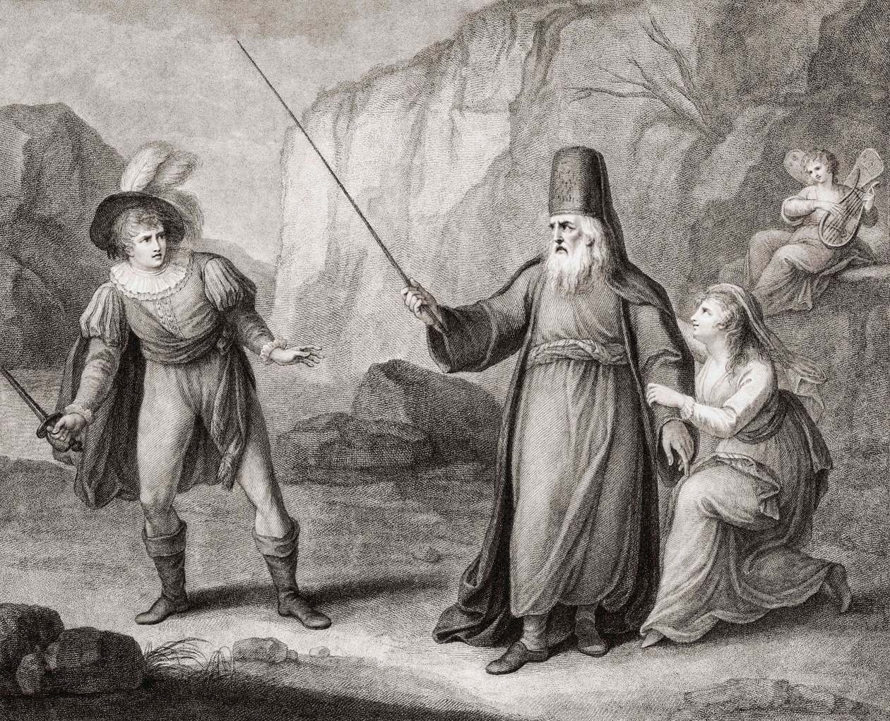 Prospero ontwapent Ferdinand. Shakespeare. De Storm (gravure) door Francesco Bartolozzi