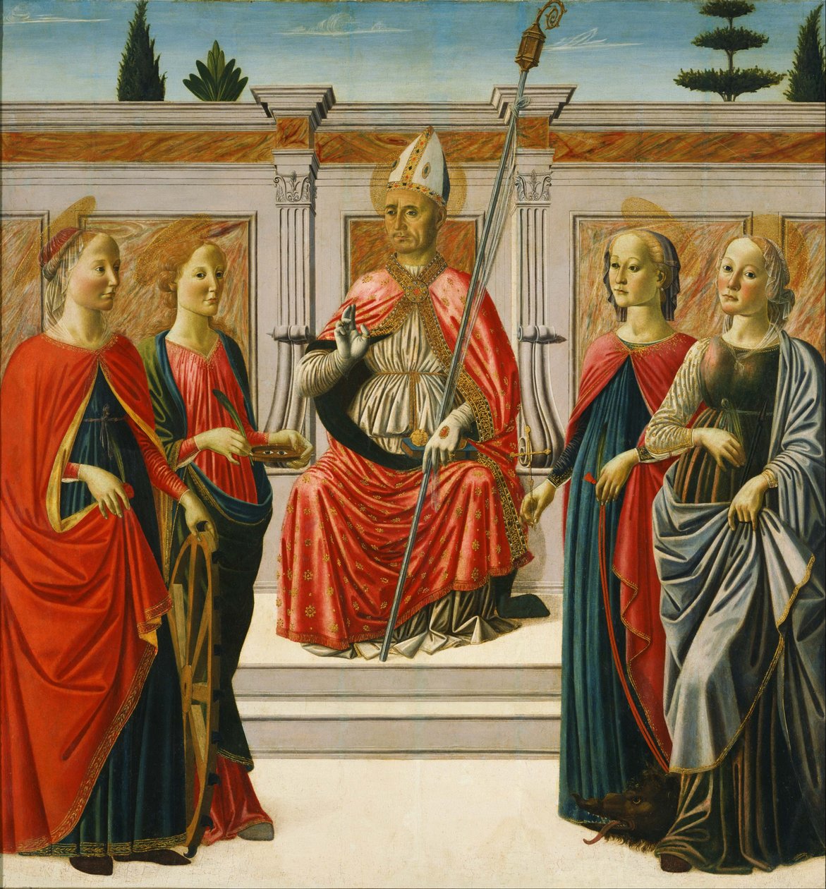 Sint Nicolaas en Sint Catharina, Sint Lucia, Sint Margherita en Sint Apollonia. door Francesco Botticini