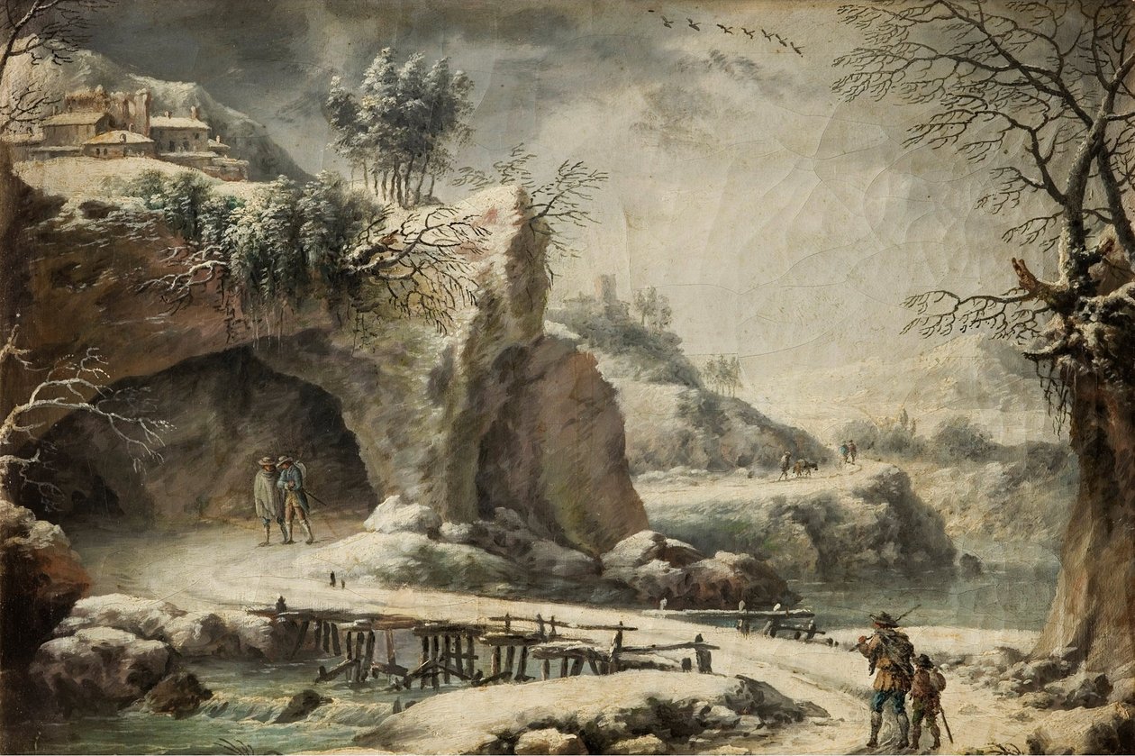 Een bevroren rivierlandschap met figuren door Francesco Foschi