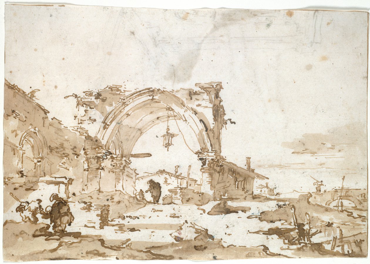 Een Capriccio met een verwoeste gotische boog door Francesco Guardi