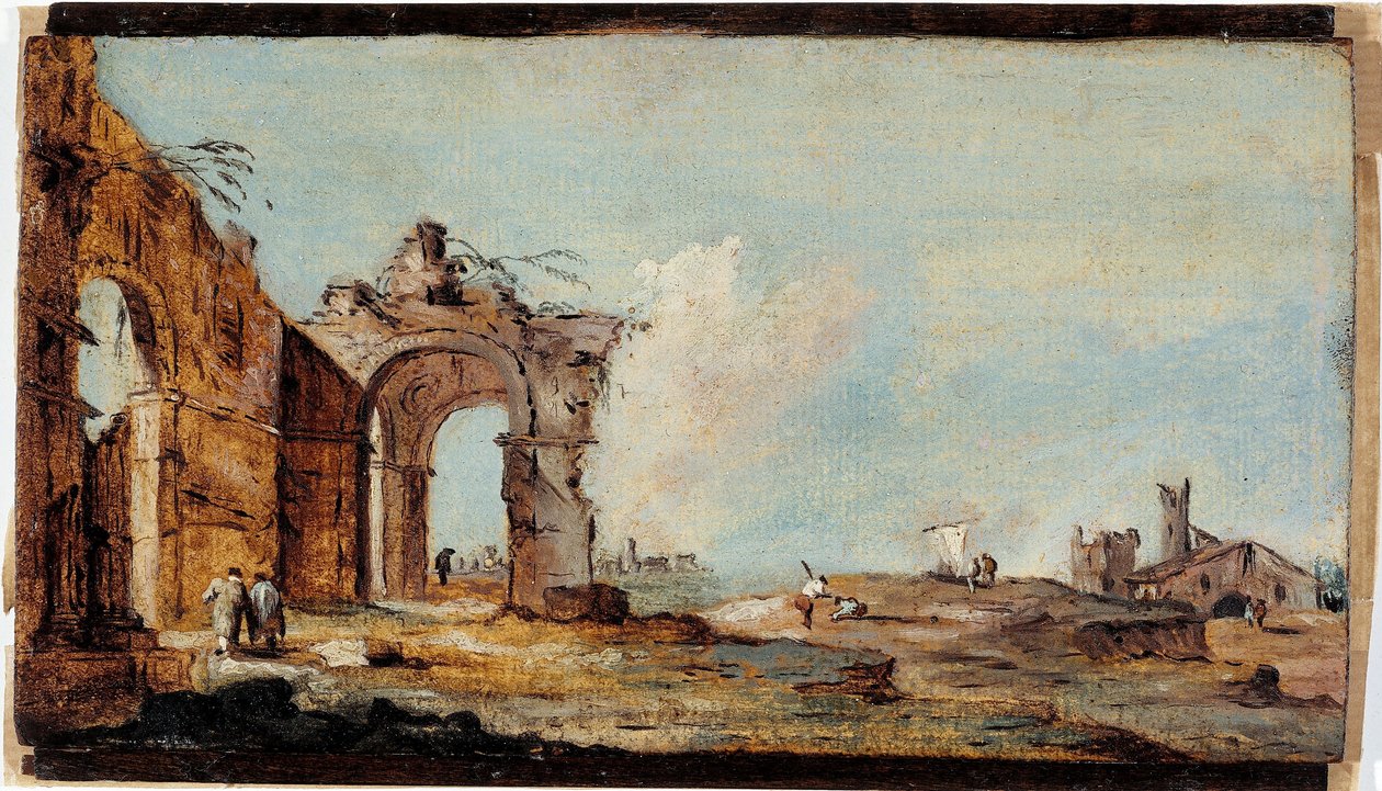 Caprice, met vervallen boog en vissershuizen door Francesco Guardi