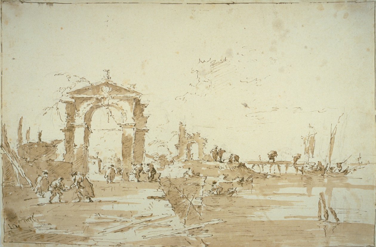 Poort bij een aanlegsteiger door Francesco Guardi