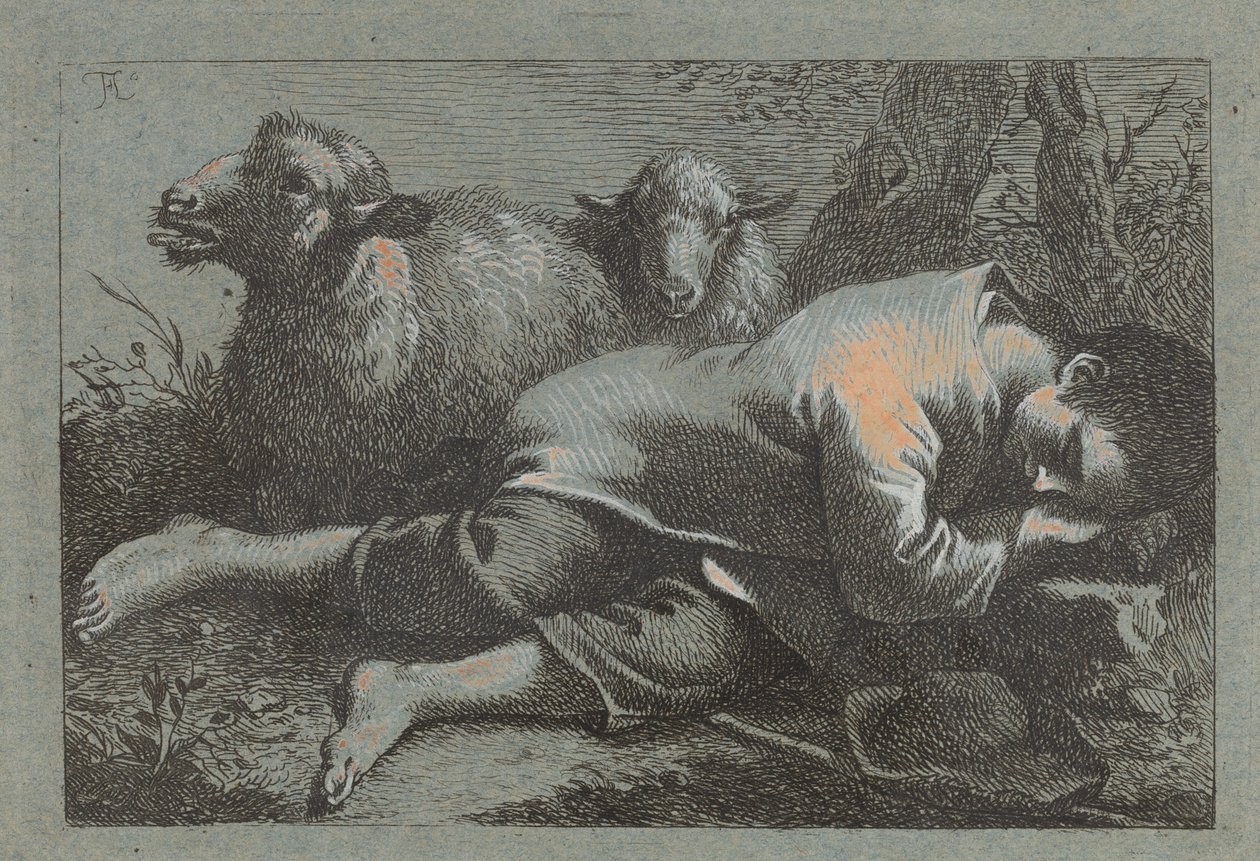 Boerenjongen Slapend bij Twee Schapen door Francesco Londonio