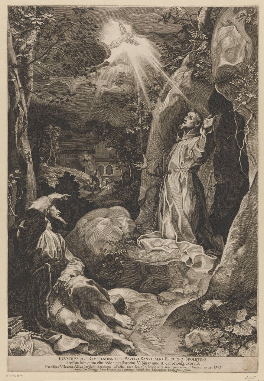 Franciscus ontvangt de stigmata door Francesco Villamena