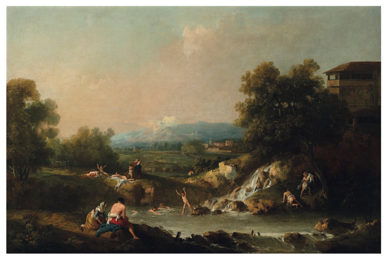Een rivierlandschap met baders door Francesco Zuccarelli
