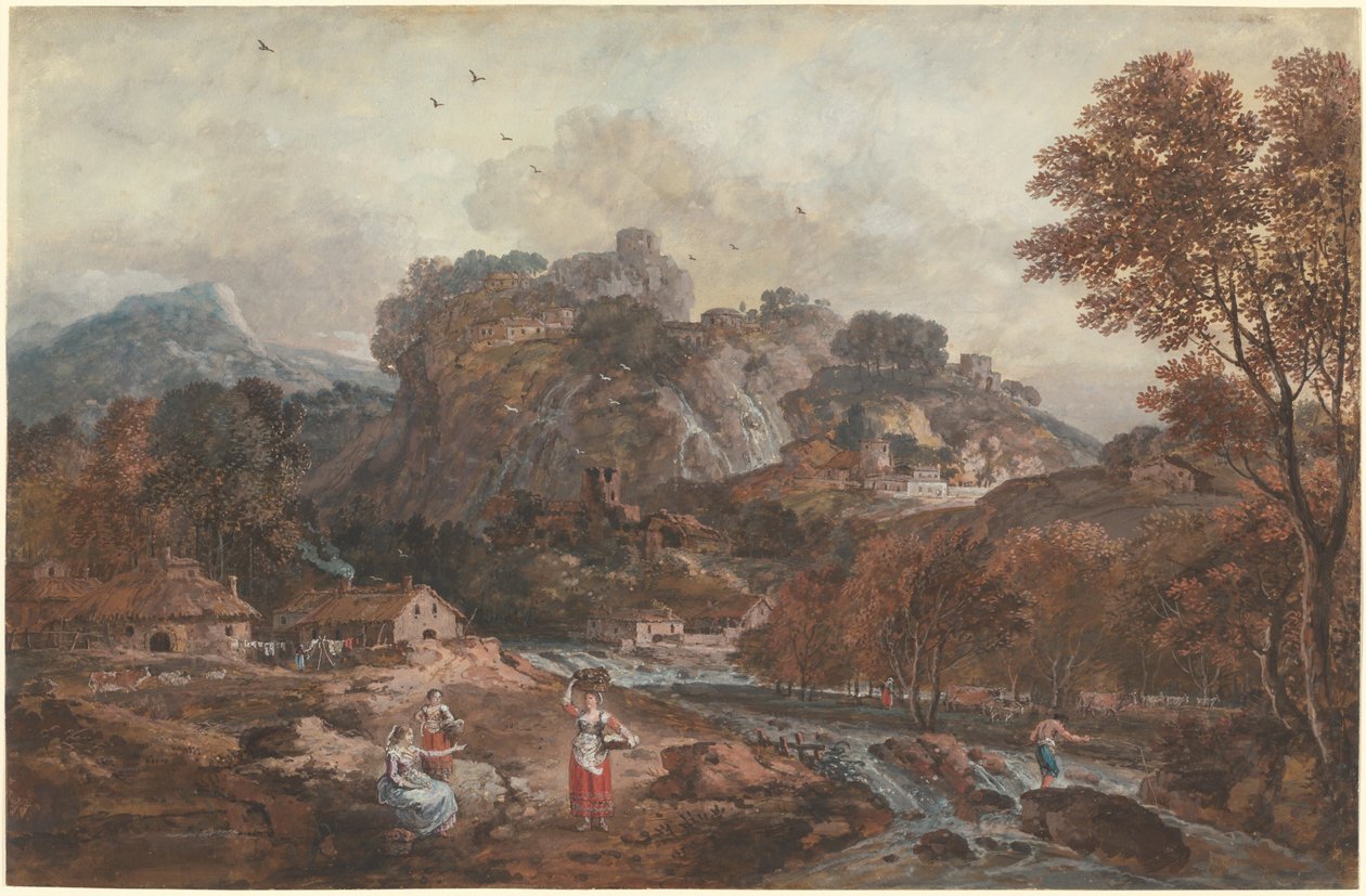 Berglandschap met wasvrouwen en een visser door Francesco Zuccarelli