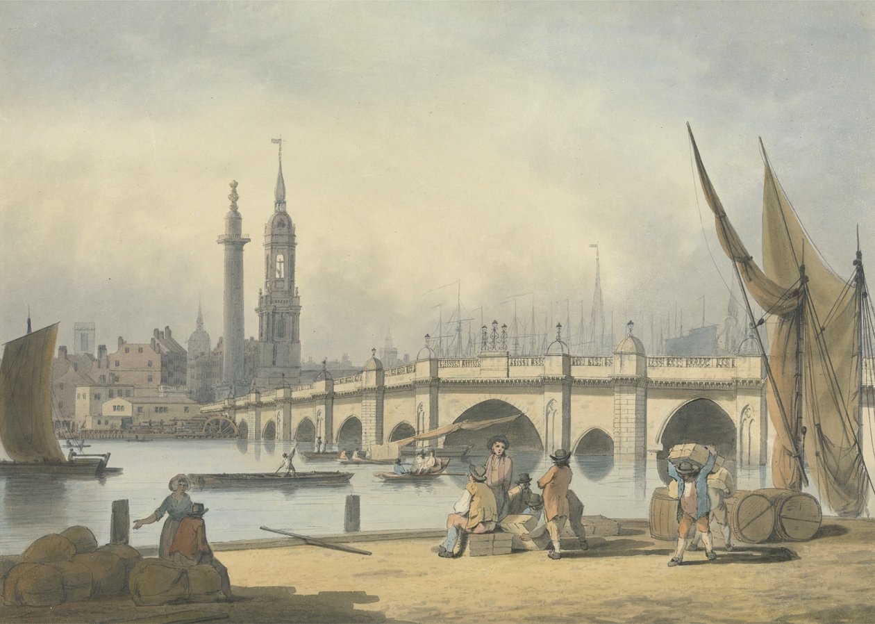 London Bridge en het Monument, ca. 1795 door Francis Nicholson