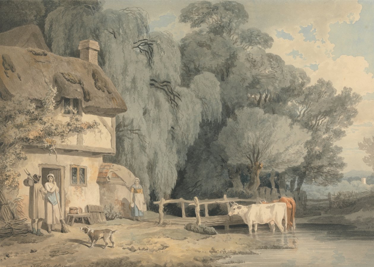 Plattelandsscène - Figuren bij een huisdeur en vee in een stroom door Francis Wheatley