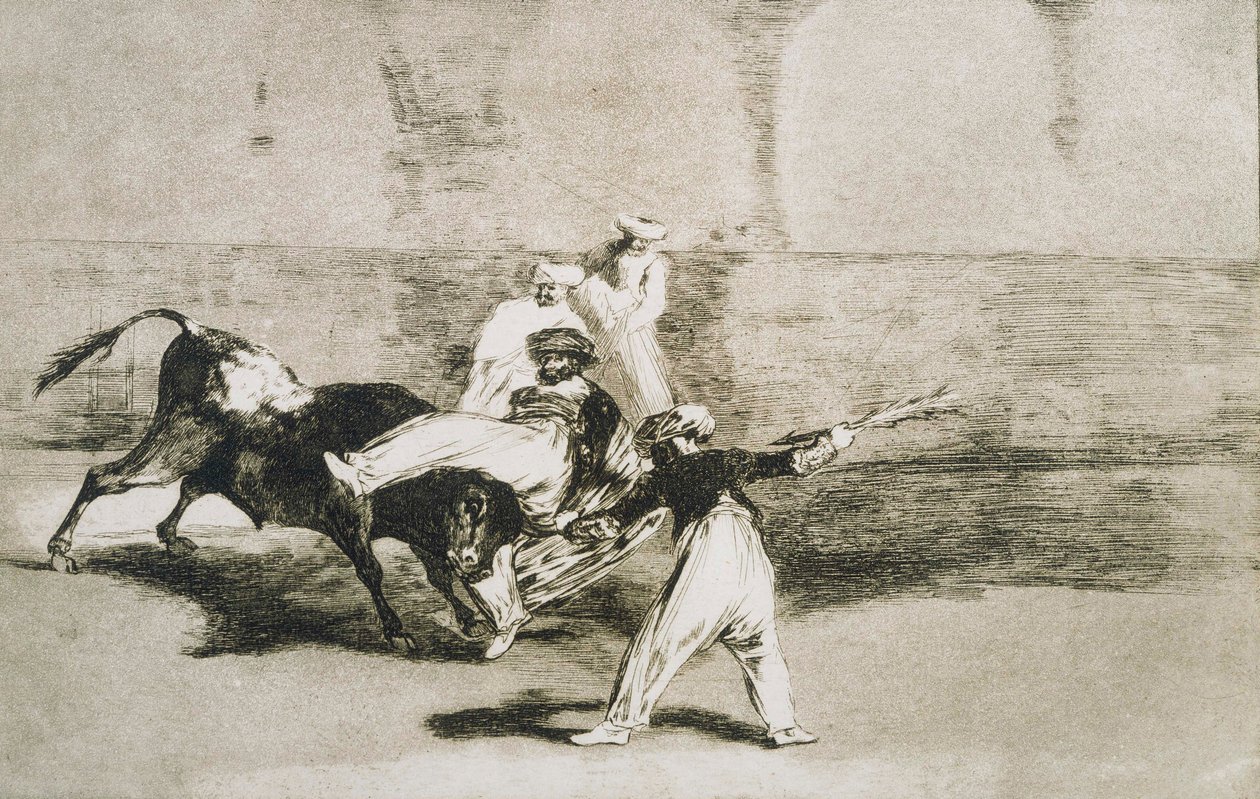 Een Moor gevangen door de stier... uit La Tauromaquia door Francisco de Goya