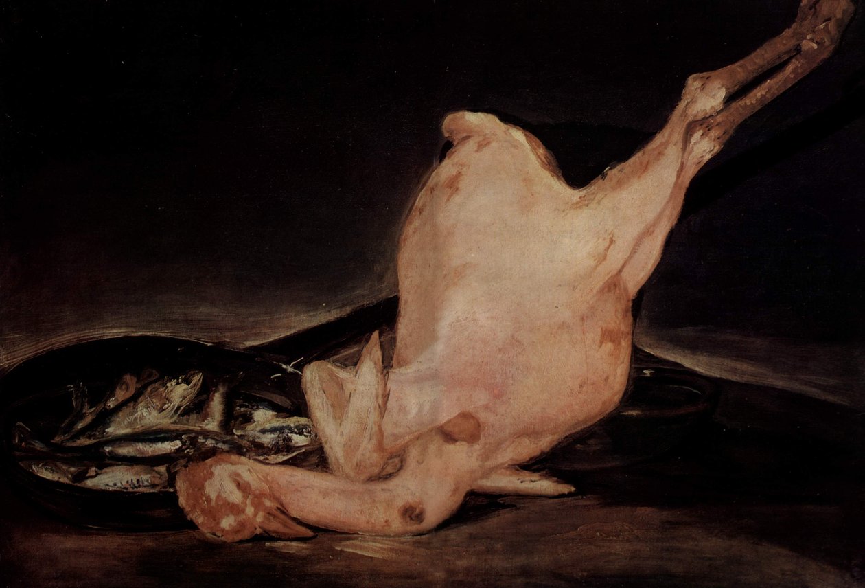 Stilleven, Geplukte Kalkoen en Pan met Vissen door Francisco de Goya