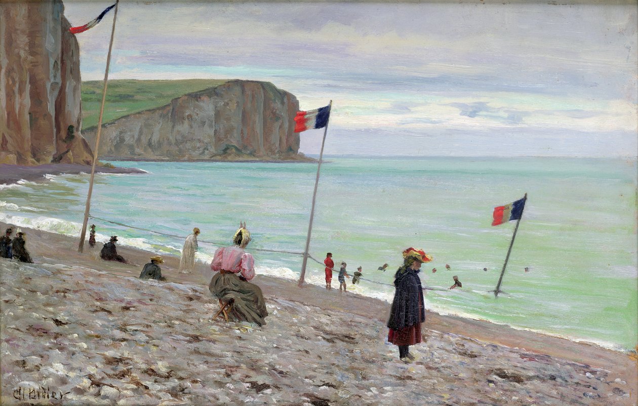 Strandscène in Fécamp, Noord-Frankrijk door Francois Auguste Didier Clovis