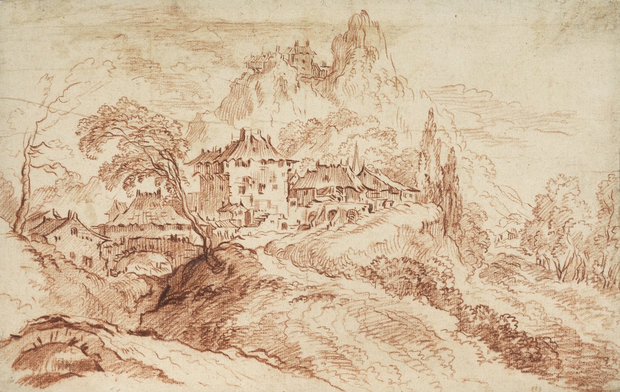Een Italiaans dorp in een berglandschap door François Boucher