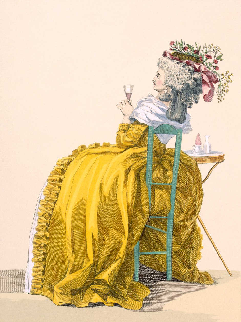 Dame ligt op stoel en drinkt champagne, gegraveerd door Dupin, plaat nr. 193 uit 