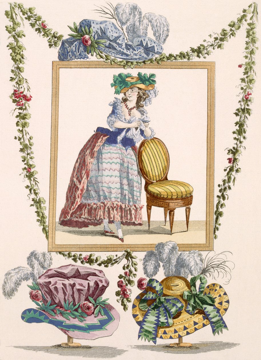 Vrouw in elegante dagjurk met hoed, gravure door Duhamel, plaat nr. 235 uit 