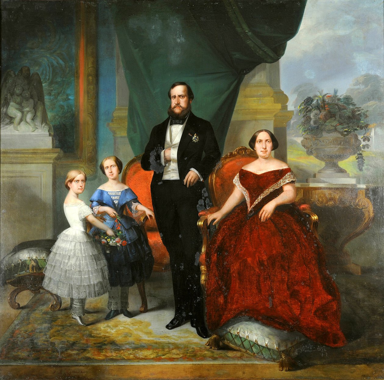 Keizerlijke familie - Keizer Pedro II, zijn vrouw Teresa Cristina, en hun dochters, prinsessen Isabel en Leopoldina door Francois Rene Moreau