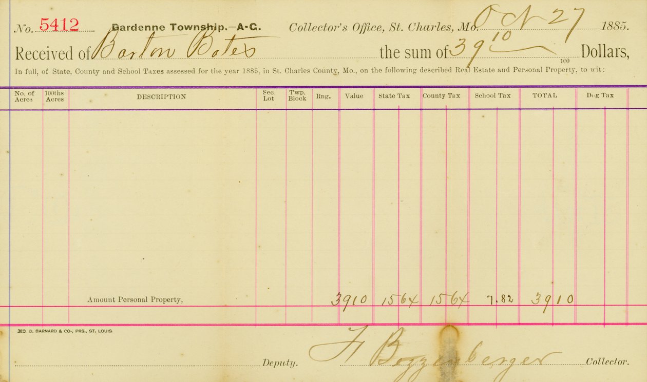 Belastingen geheven voor het jaar 1885 in St. Charles County door Frank Bizzenberger