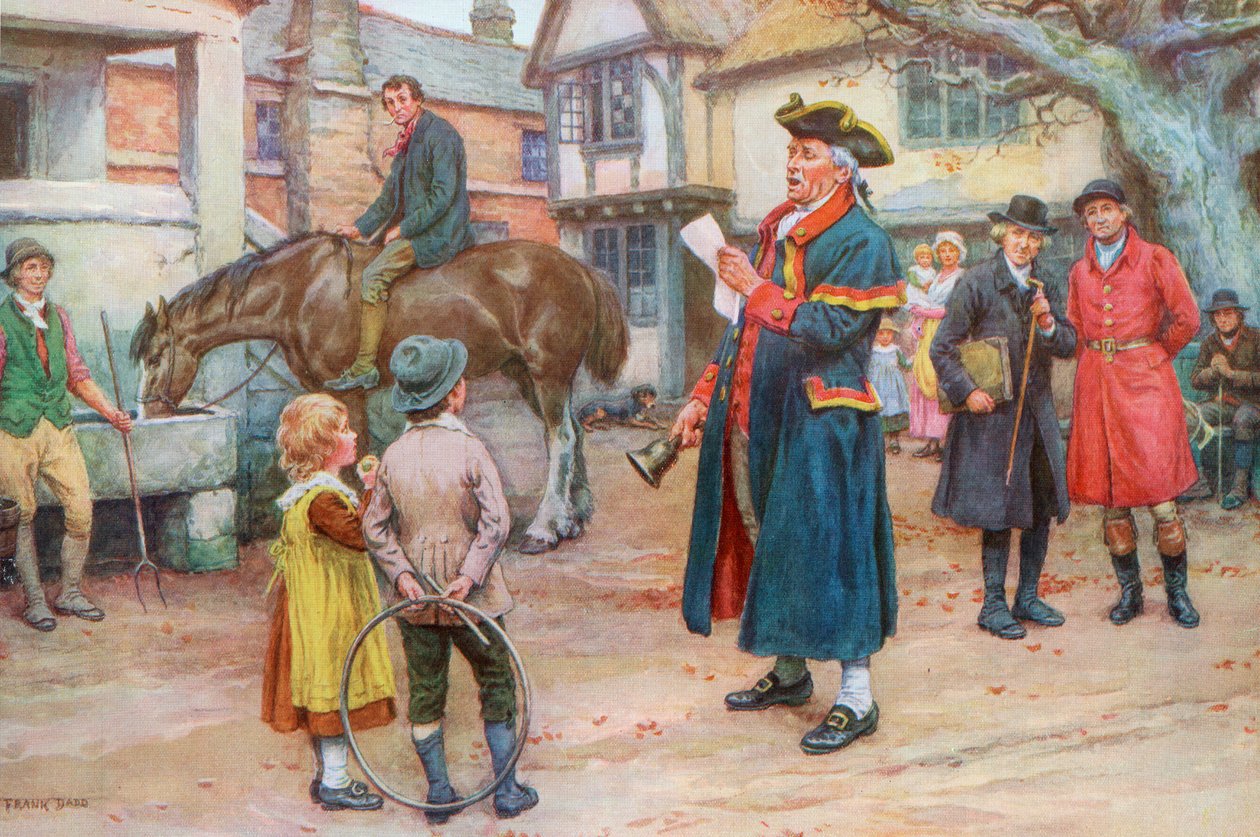Stadsomroeper leest het nieuws, ca. 1925 (zeefdruk) door Frank Dadd