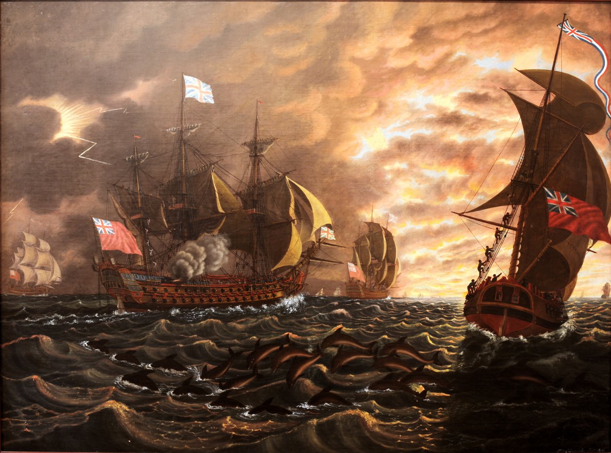 Flotilla van schepen met Britse vlaggen door François Aimé Louis Dumoulin