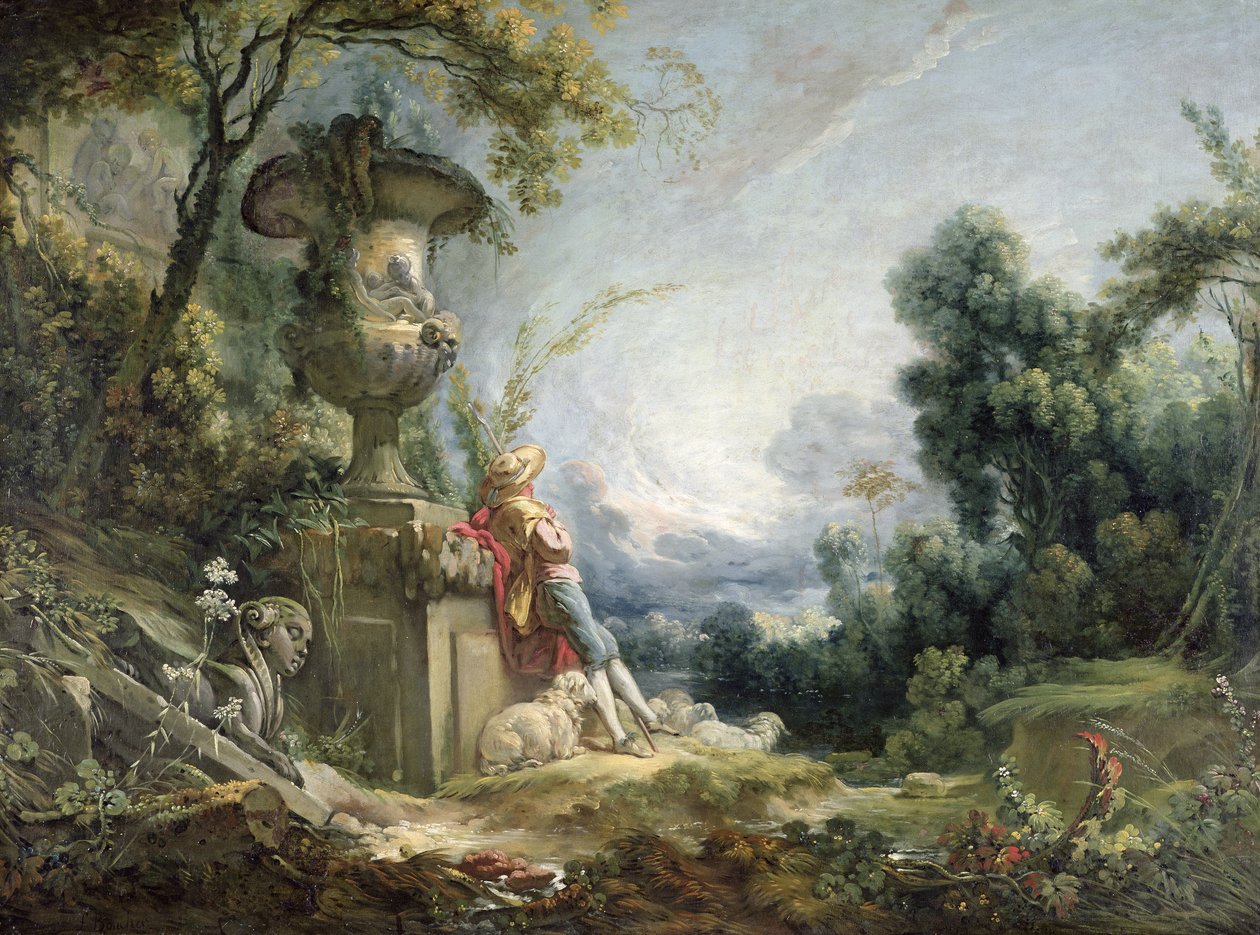 Pastorale Scene, of Jonge Herder in een Landschap door François Boucher