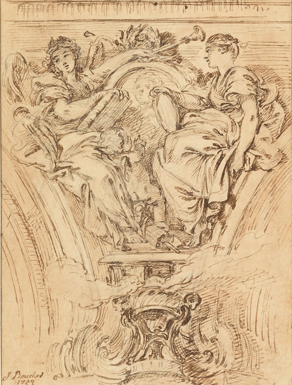 Spandrel Decoratie- Roem en Waarheid die Louis XV toejuichen door François Boucher