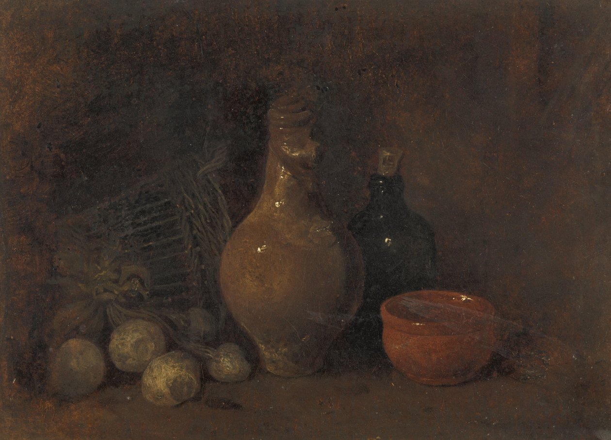 Stilleven met vier vruchten, glas en aardewerk door François Bonvin