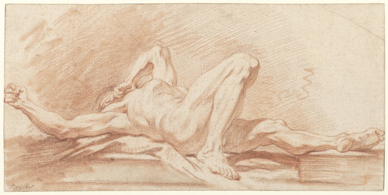 Studie van een achteroverliggende naakte man door François Boucher (possibly)