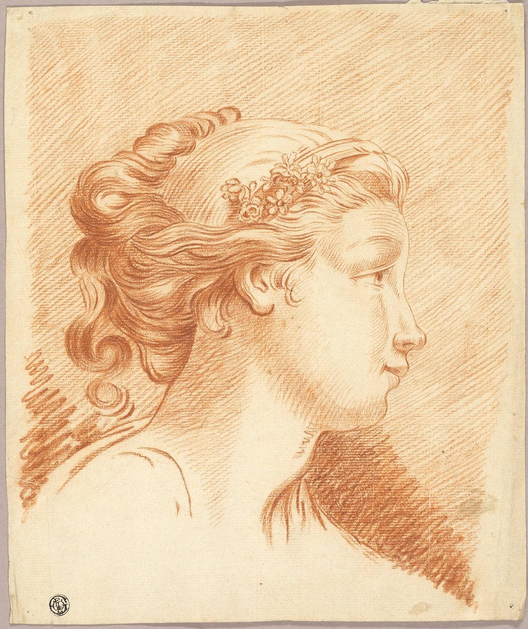 Hoofd van meisje in profiel naar rechts door François Boucher