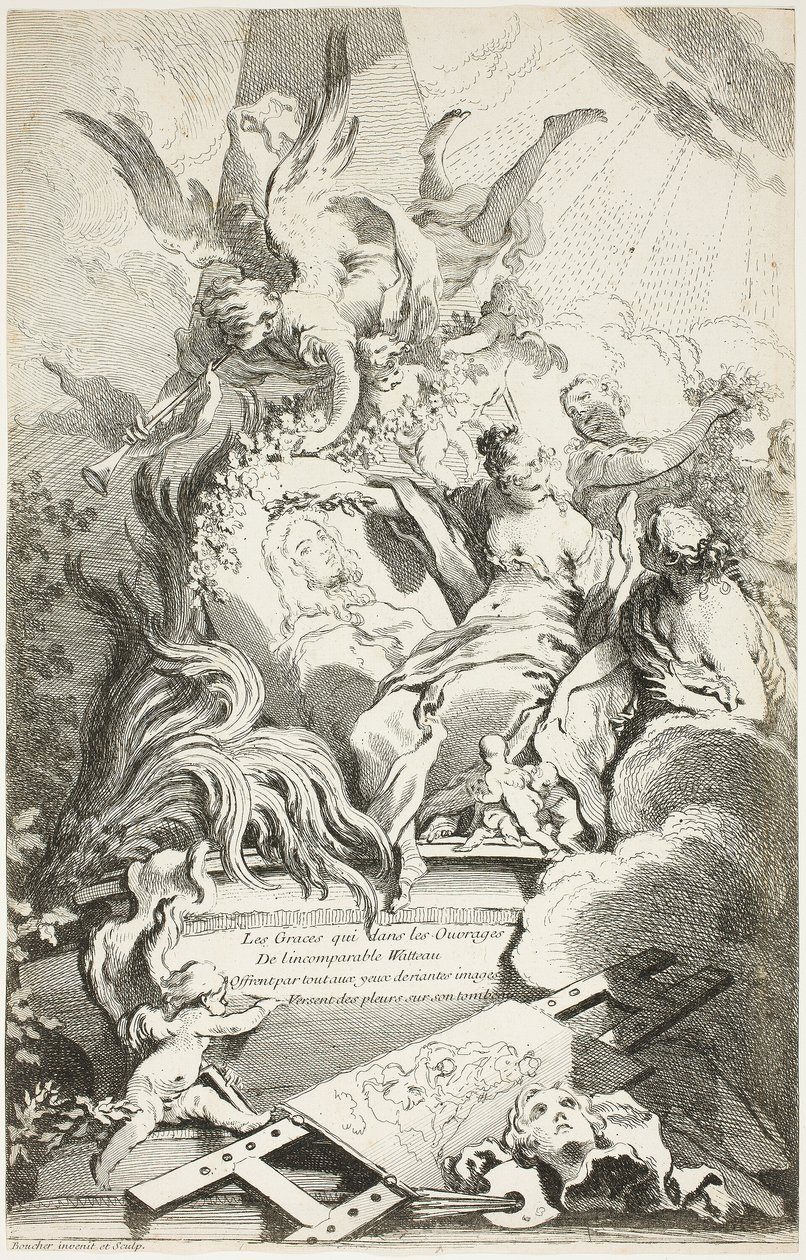 De Gratiën op het graf van Watteau door François Boucher