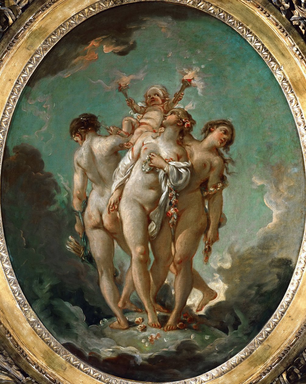 De drie Gratiën die Cupido vasthouden door François Boucher