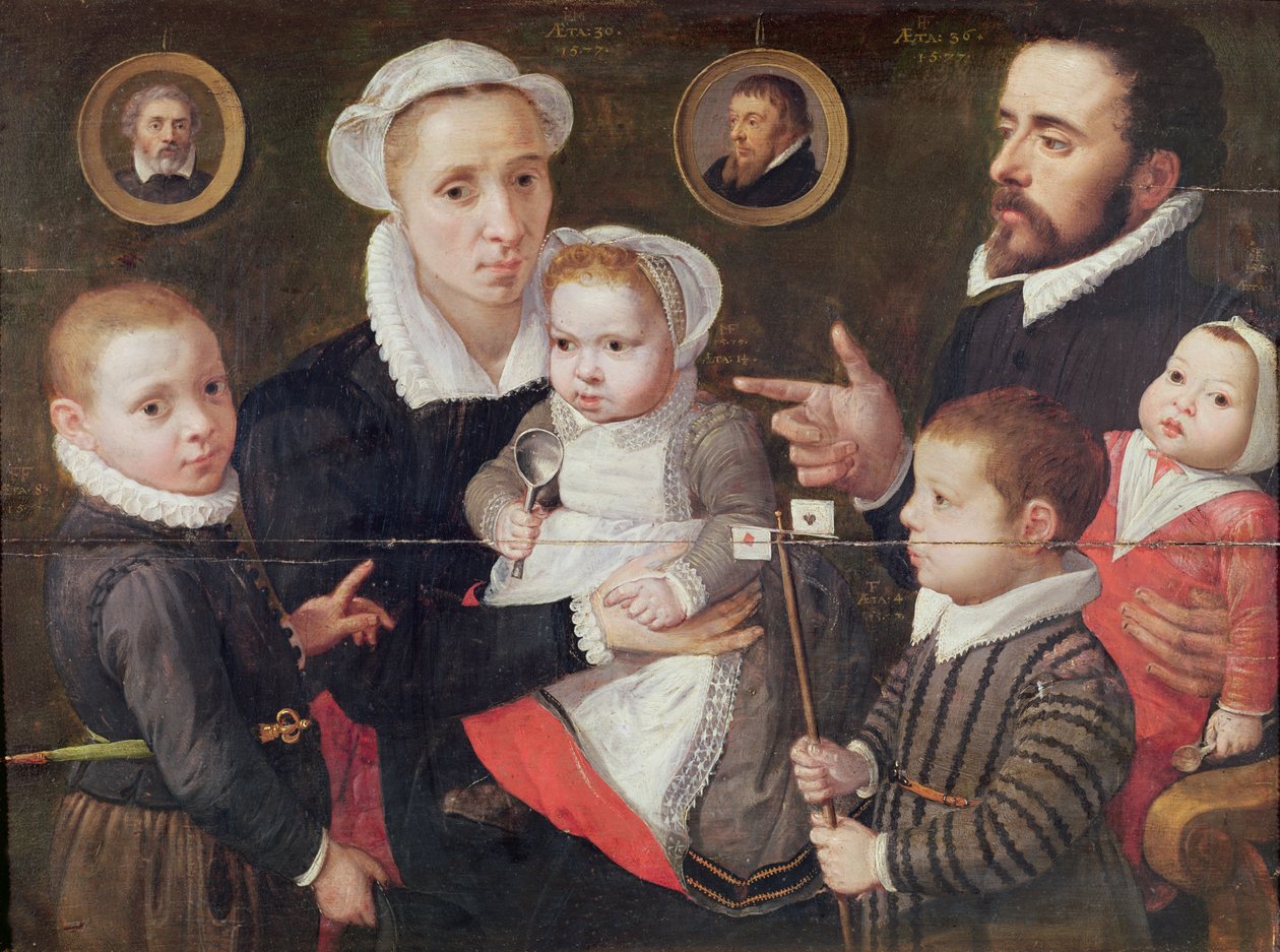 Portret van een familie: ouders met hun kinderen en voorouders, 1577 door Frans Menton d
