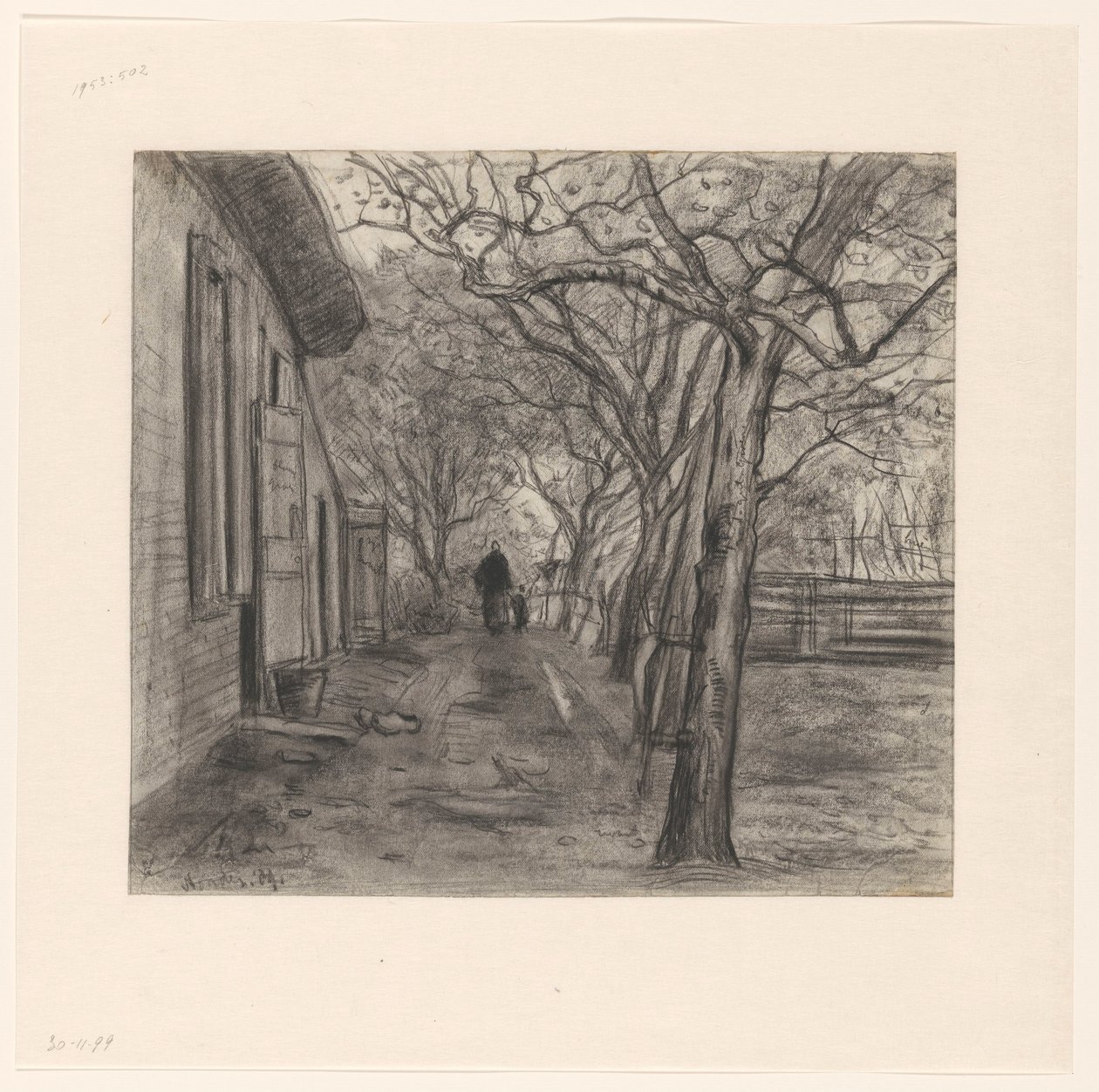 Boerenerf met bomen, vrouw en kind door Frans Alexander Evert Lodewijk Smissaert