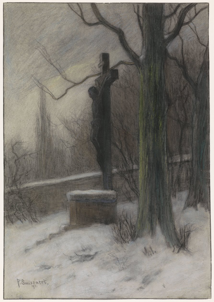 Kruisbeeld in een besneeuwd bos door Frans Alexander Evert Lodewijk Smissaert
